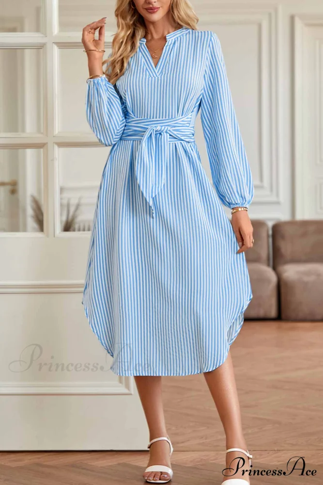 Striped V Neck Tie Waist Long Sleeve Midi Dress - Image 3