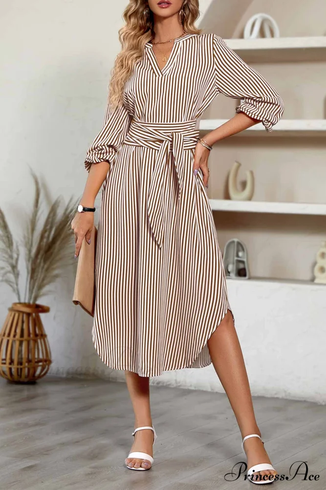 Striped V Neck Tie Waist Long Sleeve Midi Dress - Image 5