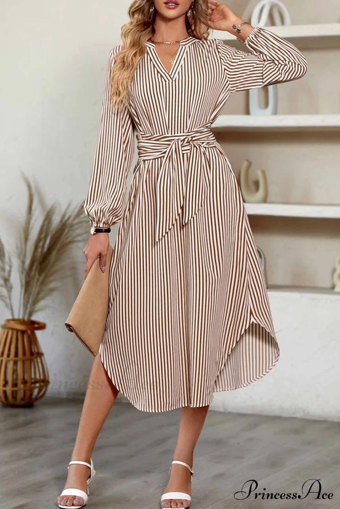 Striped V Neck Tie Waist Long Sleeve Midi Dress - Image 6