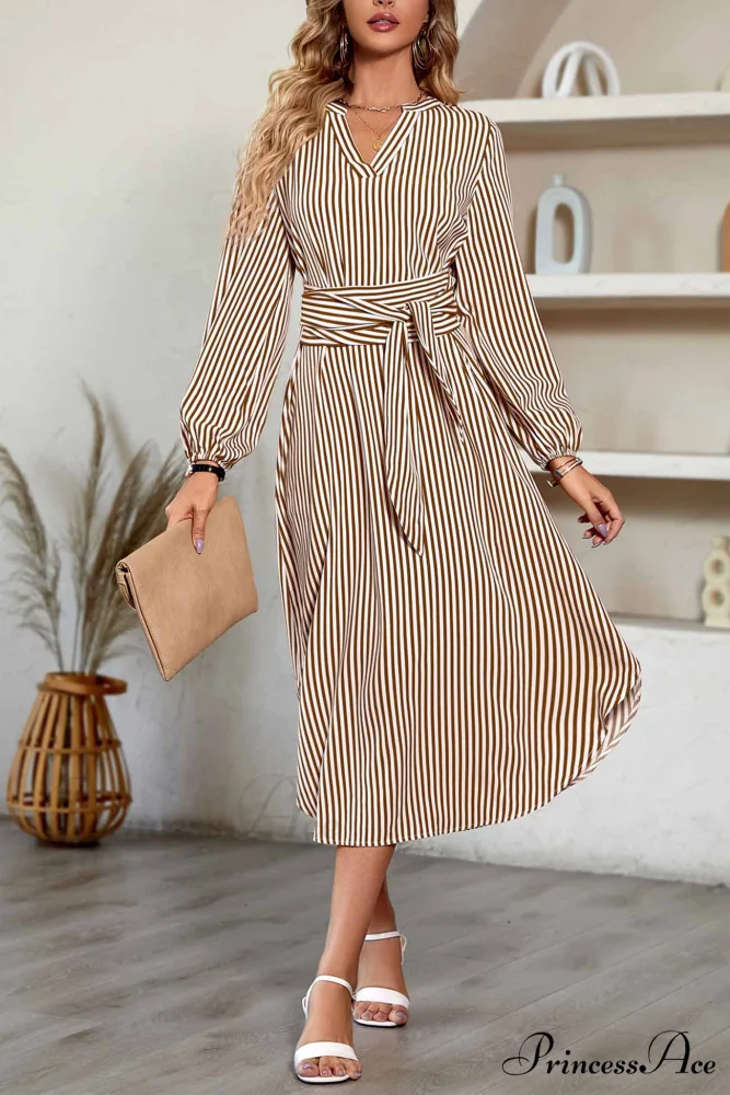 Striped V Neck Tie Waist Long Sleeve Midi Dress - Image 7