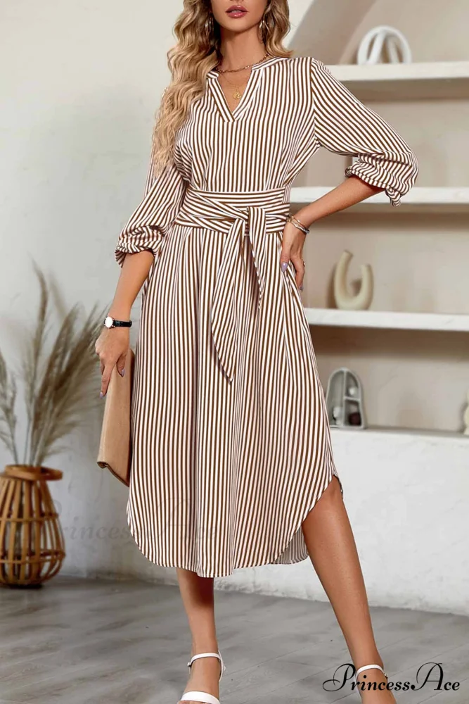 Striped V Neck Tie Waist Long Sleeve Midi Dress - Image 8