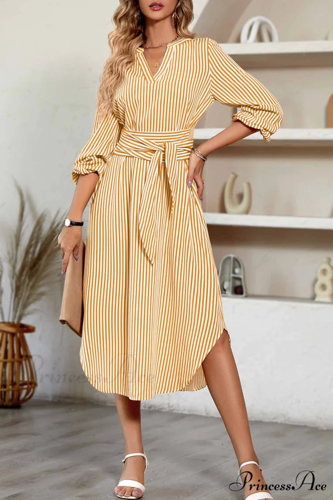Striped V Neck Tie Waist Long Sleeve Midi Dress - Image 9