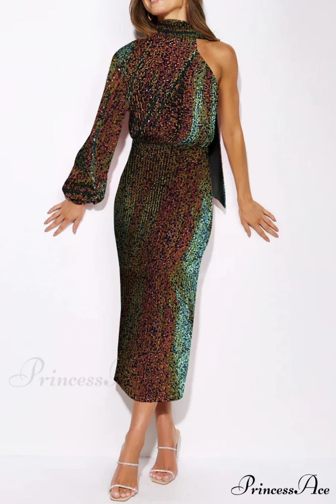 Sequins Scarf One Shoulder Dress with Slit - Image 16