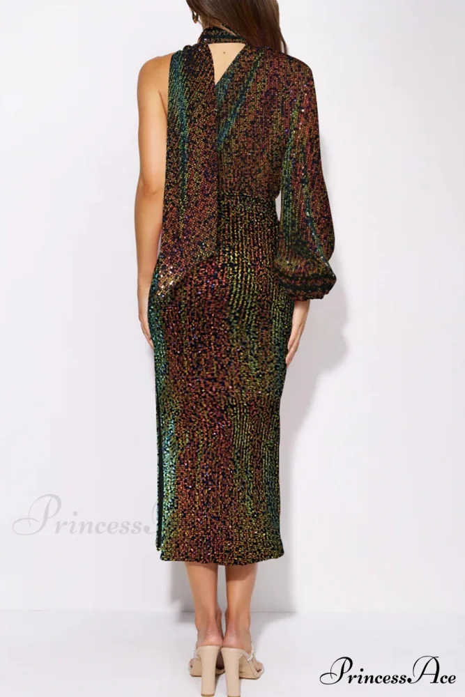 Sequins Scarf One Shoulder Dress with Slit - Image 17