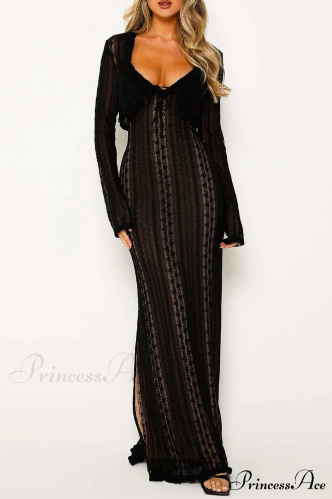 V Neck Lace Two-Piece Dress with Slit - Image 10