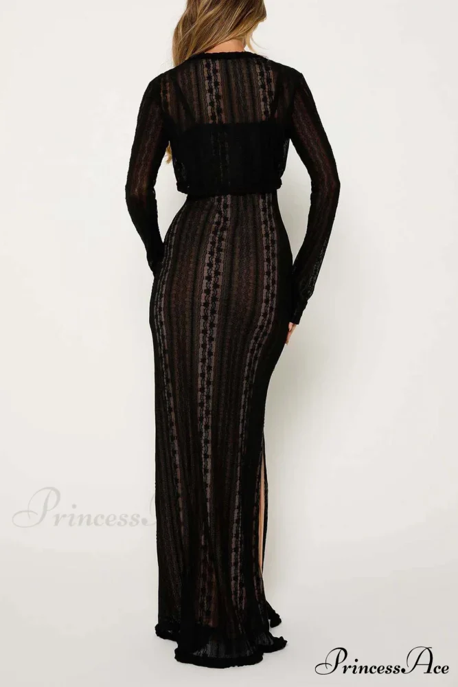 V Neck Lace Two-Piece Dress with Slit - Image 12