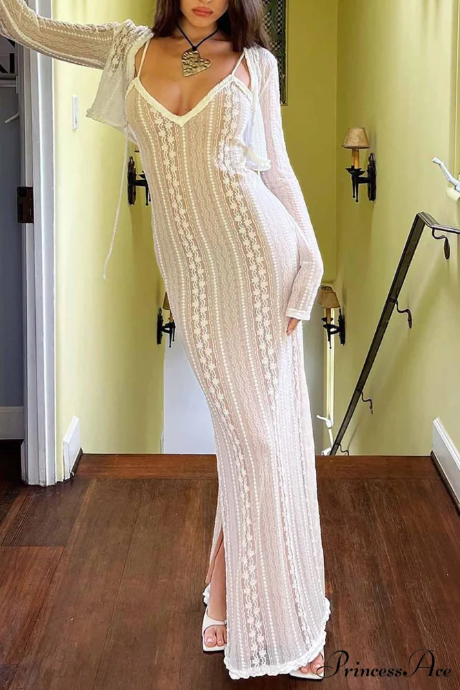 V Neck Lace Two-Piece Dress with Slit - Image 3