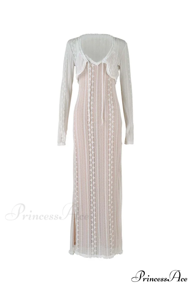 V Neck Lace Two-Piece Dress with Slit - Image 5
