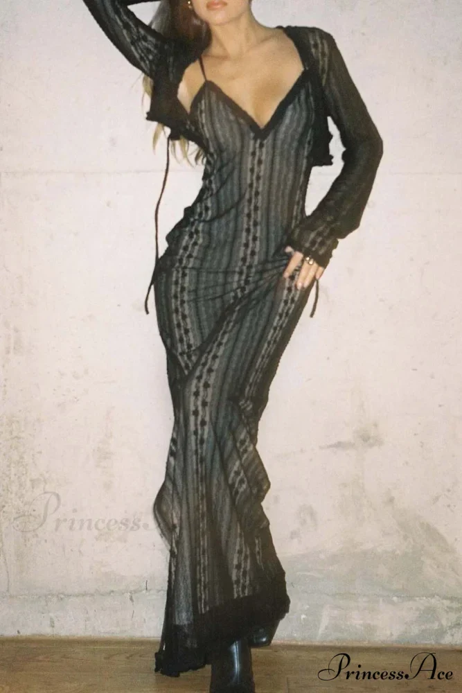 V Neck Lace Two-Piece Dress with Slit - Image 8