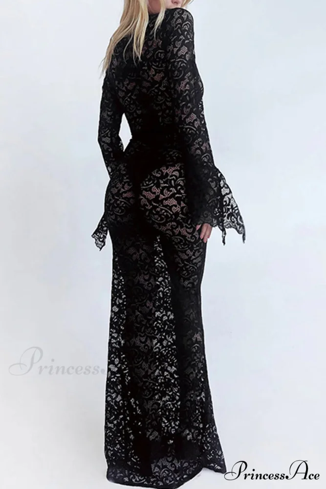 V Neck Lace Flare Sleeve Dress - Image 11