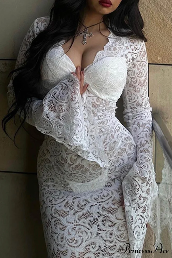 V Neck Lace Flare Sleeve Dress - Image 2