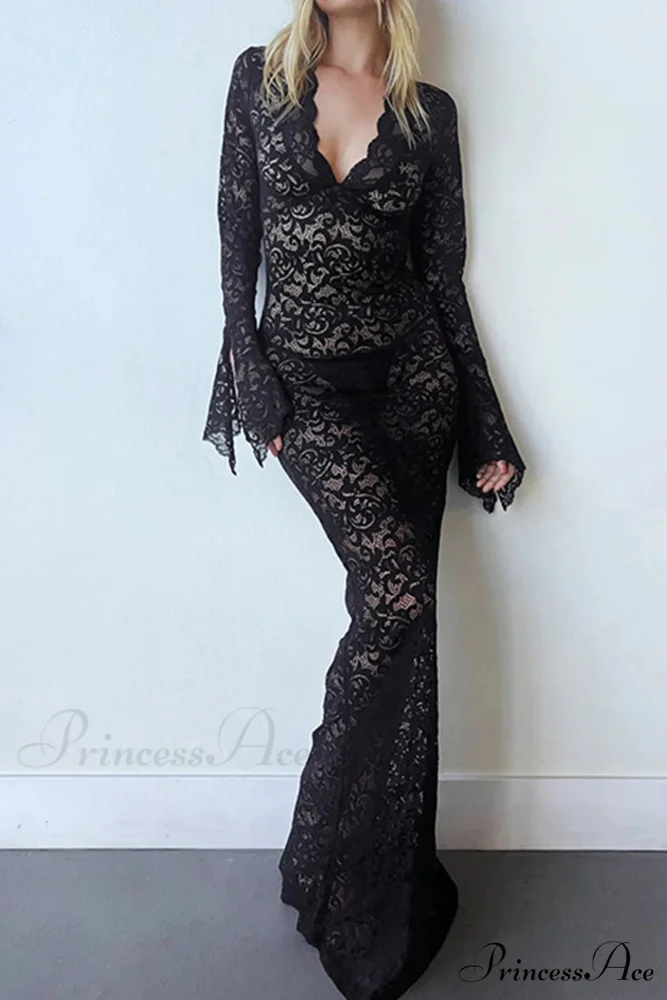 V Neck Lace Flare Sleeve Dress - Image 7