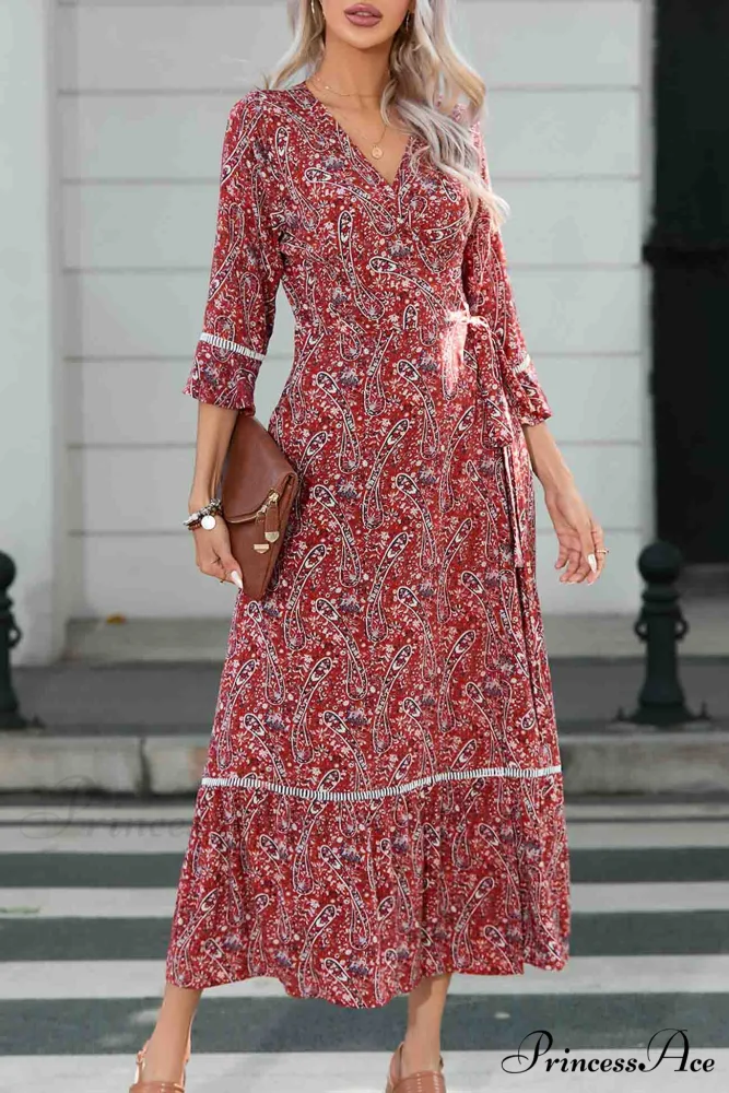 Floral V Neck Midi Dress with Slit - Image 2