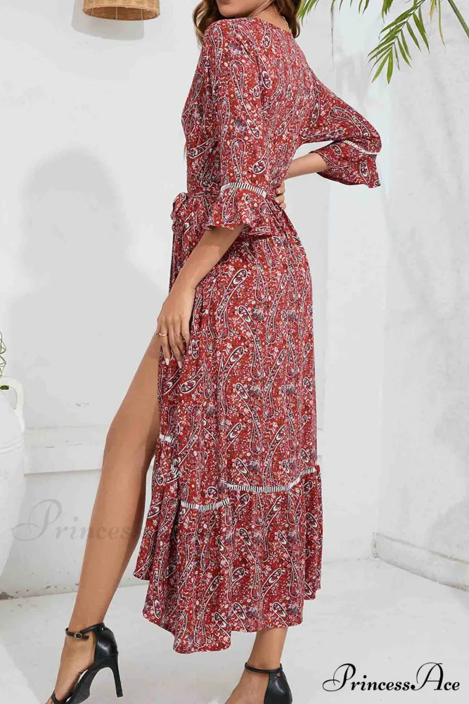 Floral V Neck Midi Dress with Slit - Image 5