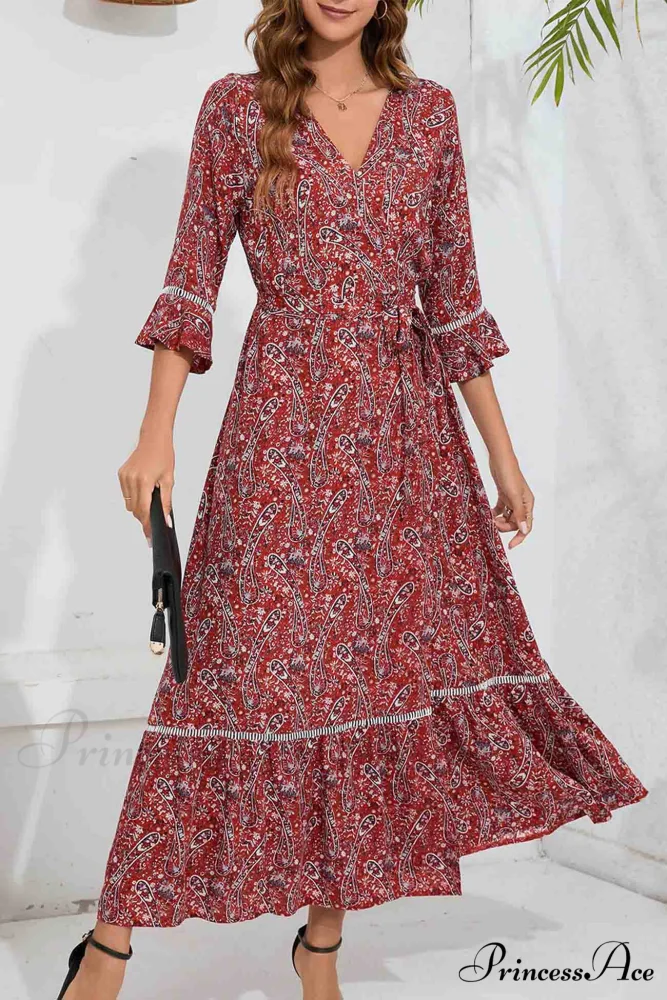Floral V Neck Midi Dress with Slit - Image 6