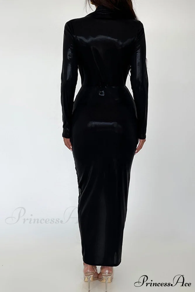 Glossy V Neck Ruched Slit Dress - Image 12