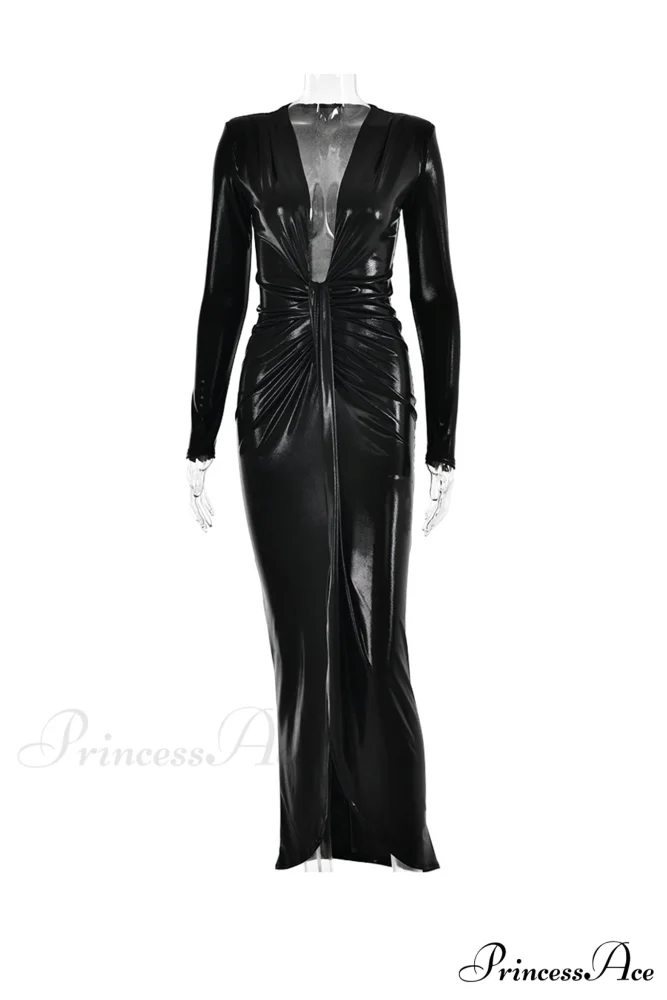 Glossy V Neck Ruched Slit Dress - Image 13