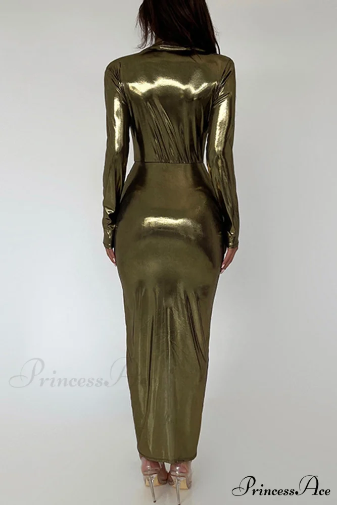 Glossy V Neck Ruched Slit Dress - Image 18