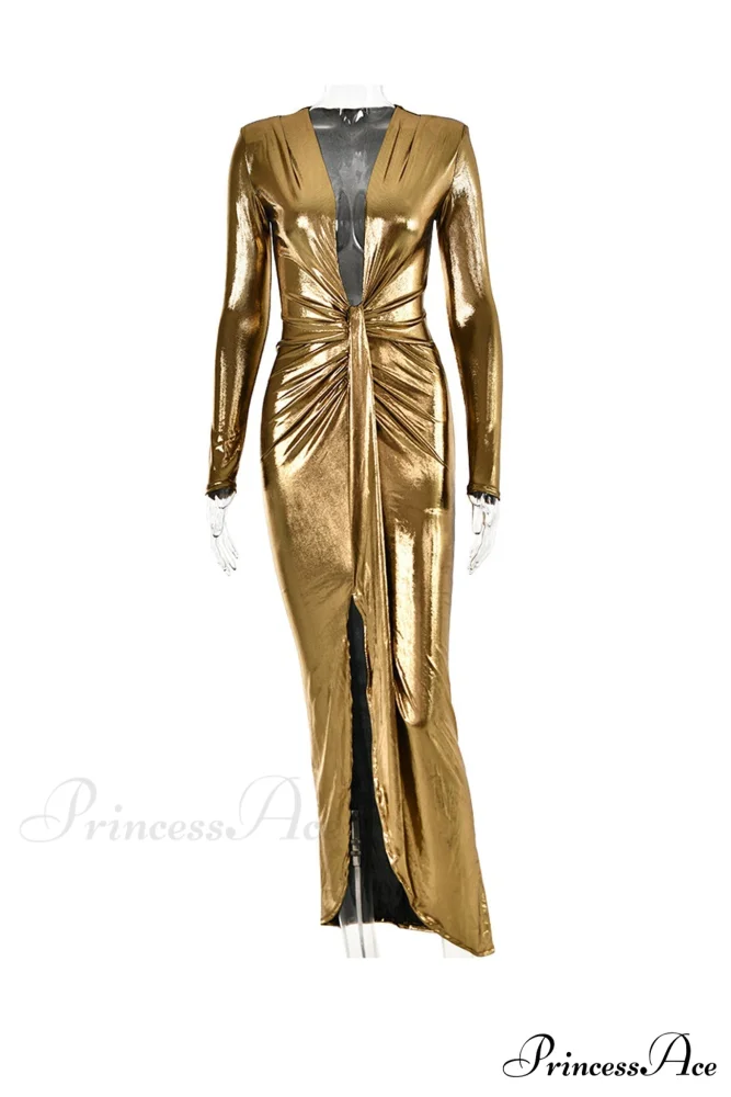 Glossy V Neck Ruched Slit Dress - Image 19