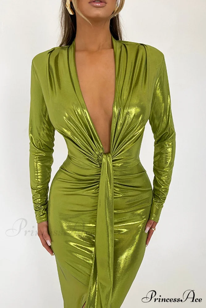 Glossy V Neck Ruched Slit Dress - Image 2