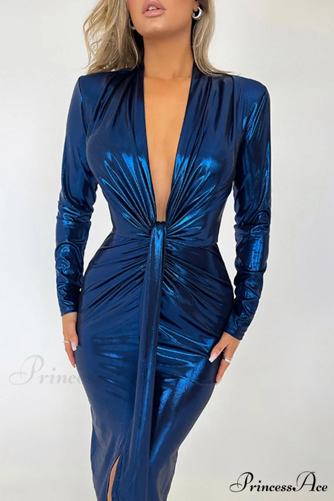 Glossy V Neck Ruched Slit Dress - Image 20