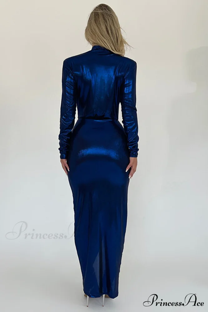 Glossy V Neck Ruched Slit Dress - Image 25