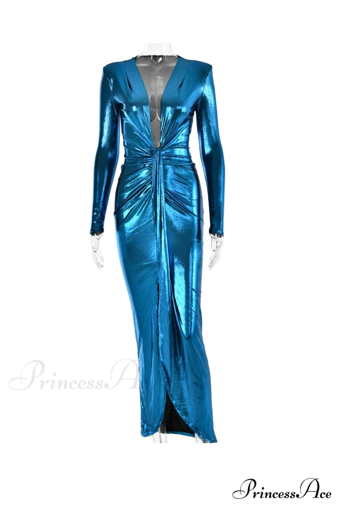 Glossy V Neck Ruched Slit Dress - Image 26