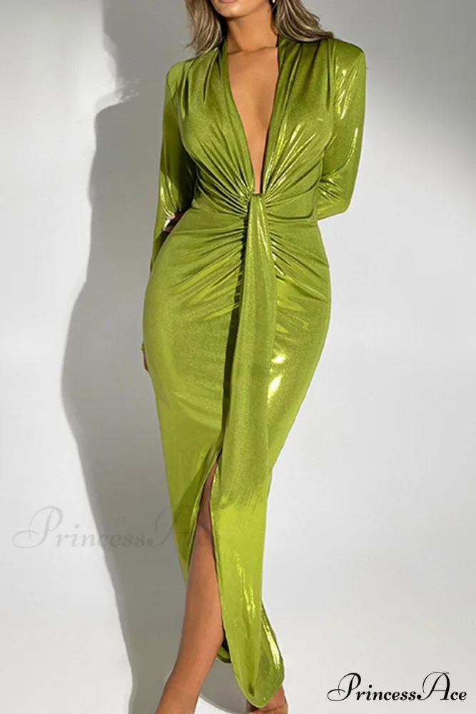 Glossy V Neck Ruched Slit Dress - Image 4