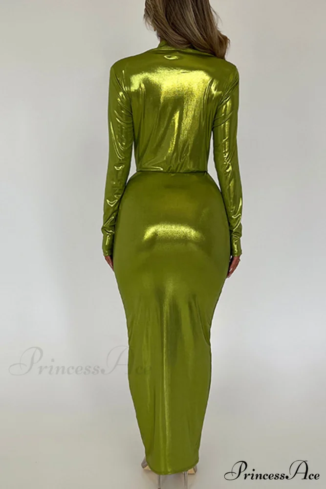 Glossy V Neck Ruched Slit Dress - Image 5