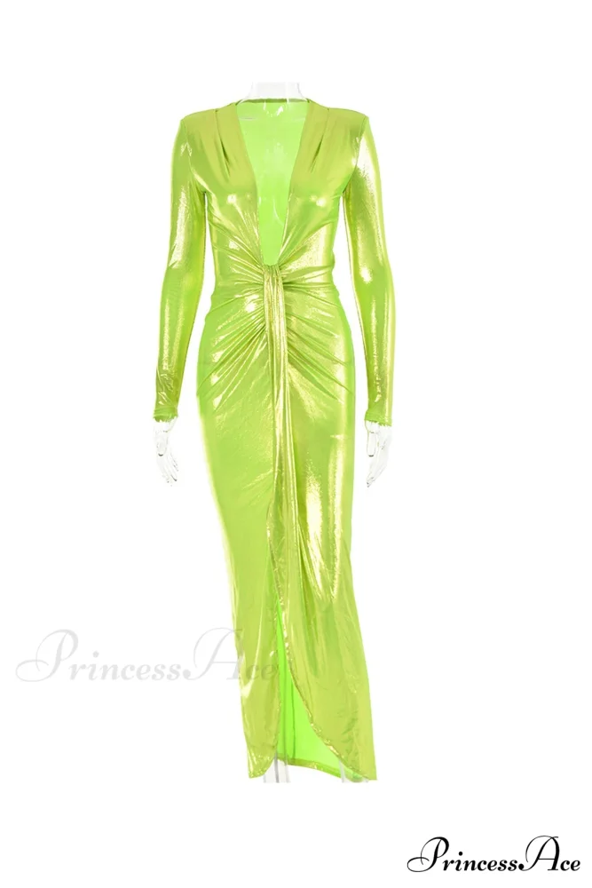 Glossy V Neck Ruched Slit Dress - Image 6