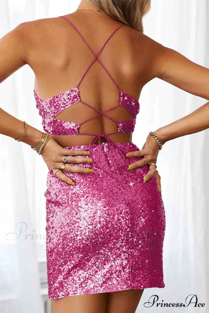 Sequined V Neck Backless Cutout Dress - Image 12