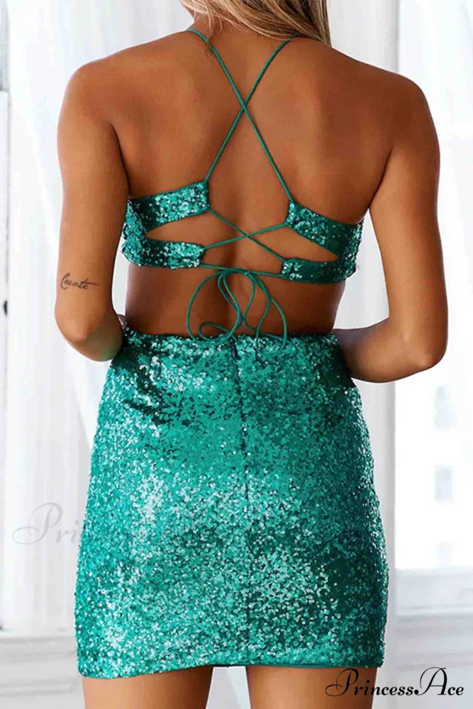 Sequined V Neck Backless Cutout Dress - Image 5