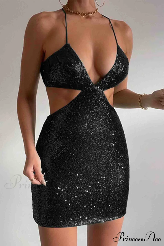Sequined V Neck Backless Cutout Dress - Image 8