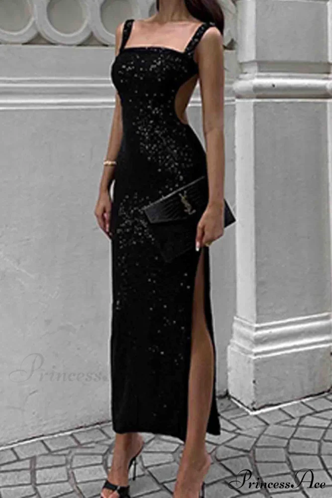Sequined Backless Dress with Irregular Straps - Image 6