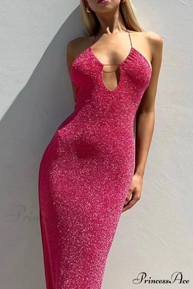 Pink Glitter Tie-back Dress with Slit - Image 7