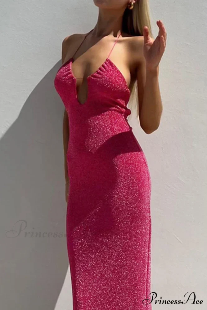 Pink Glitter Tie-back Dress with Slit - Image 8