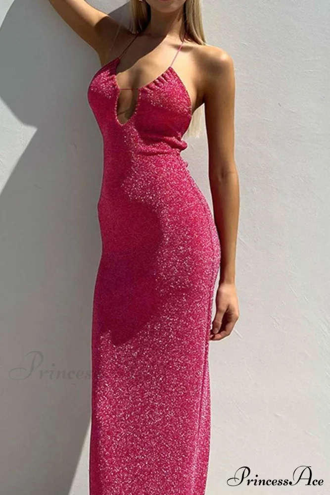 Pink Glitter Tie-back Dress with Slit - Image 9