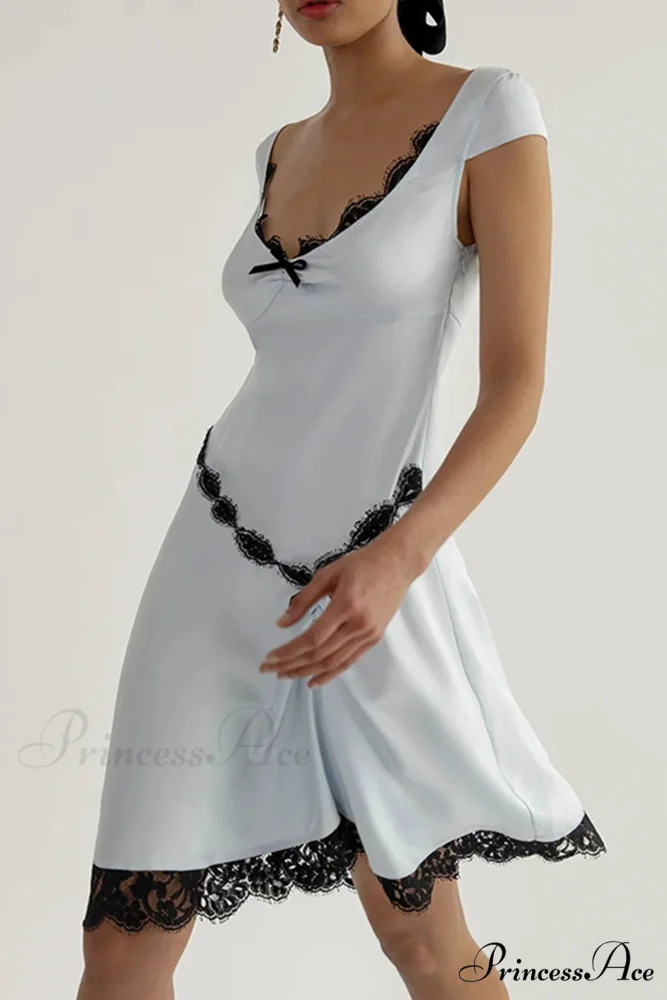 Satin Mini Dress with Lace Patchwork - Image 2