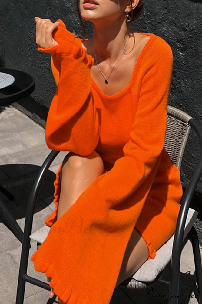 Flare Sleeve Tie-back Ruffle Hem Knit Dress - Image 11
