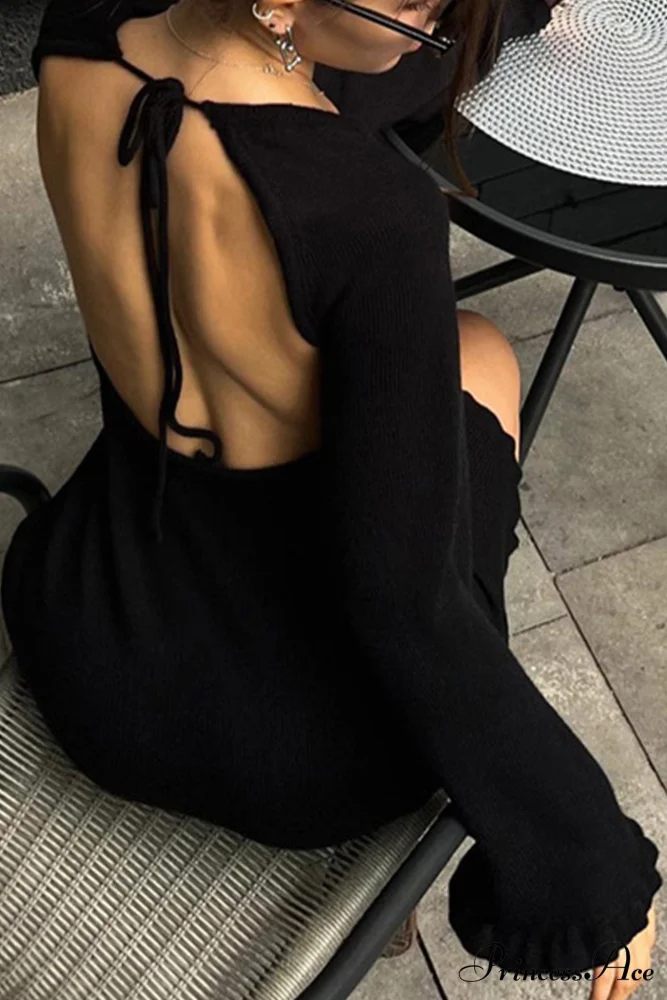 Flare Sleeve Tie-back Ruffle Hem Knit Dress - Image 14