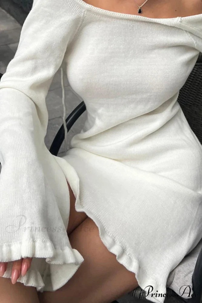 Flare Sleeve Tie-back Ruffle Hem Knit Dress - Image 2
