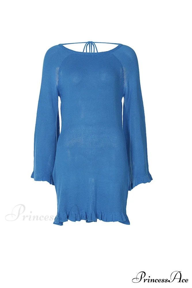 Flare Sleeve Tie-back Ruffle Hem Knit Dress - Image 6