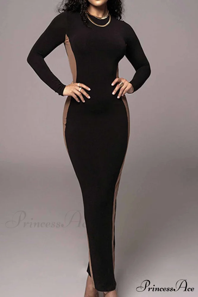 Crew Neck Long Sleeve Slit Midi Dress - Image 3