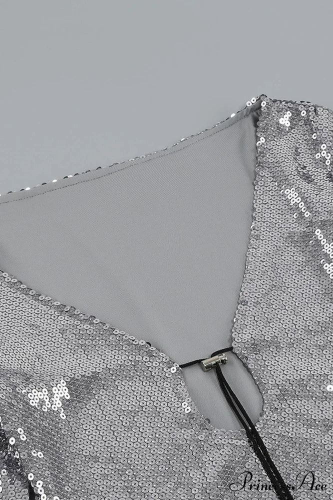 Sequins V Neck Flares Sleeve Pack Hip Dress - Image 4