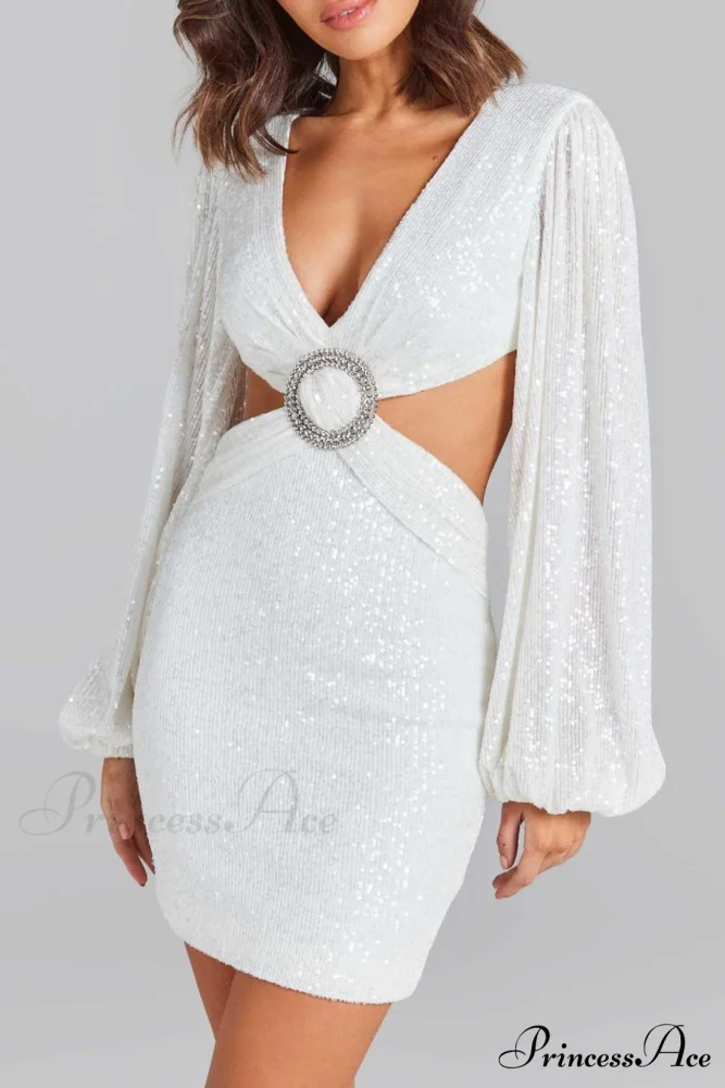 Sequins V Neck Mini Dress with Cutout - Image 2