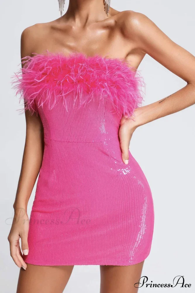 Sequins Pack Hip Dress with Fuzzy Strapless Design - Image 3