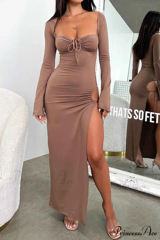 Lace Up Hollow Out Slit Dress with Long Sleeves - Image 12