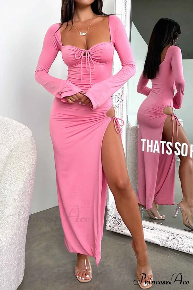 Lace Up Hollow Out Slit Dress with Long Sleeves - Image 2