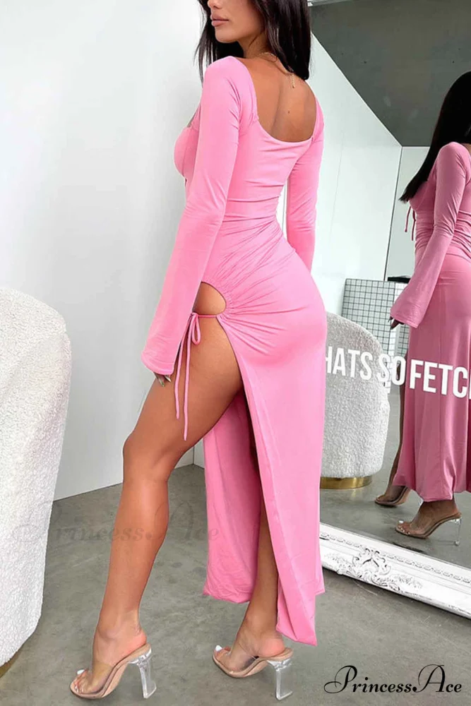 Lace Up Hollow Out Slit Dress with Long Sleeves - Image 3