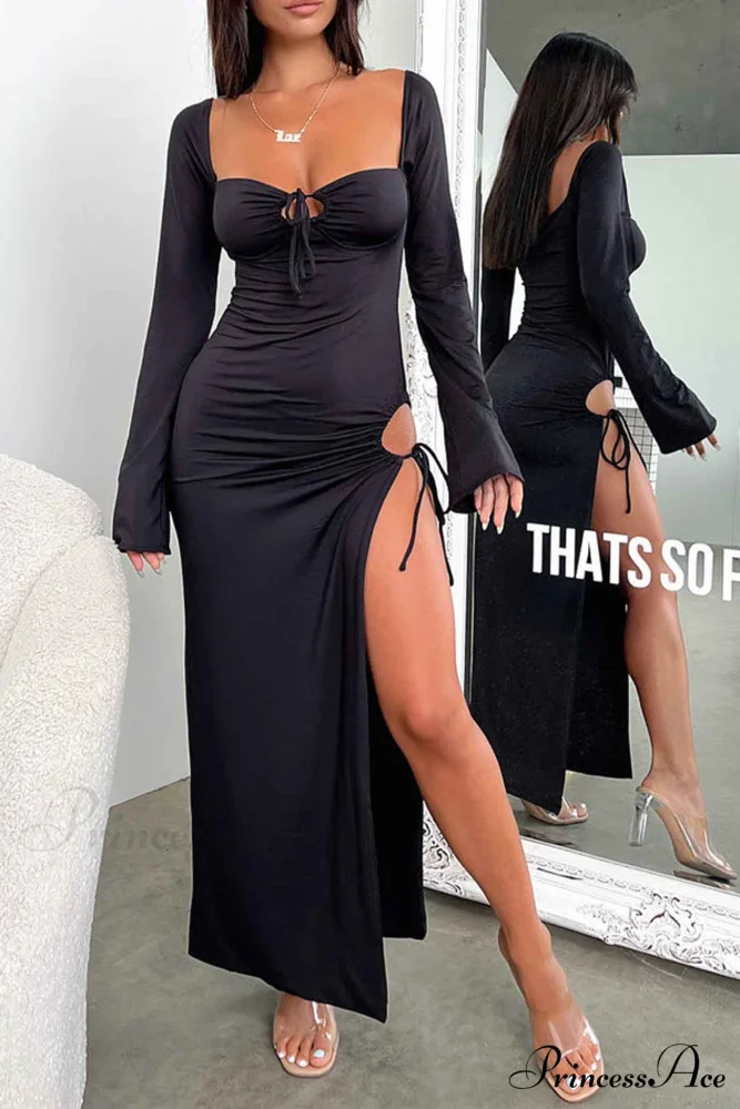 Lace Up Hollow Out Slit Dress with Long Sleeves - Image 7